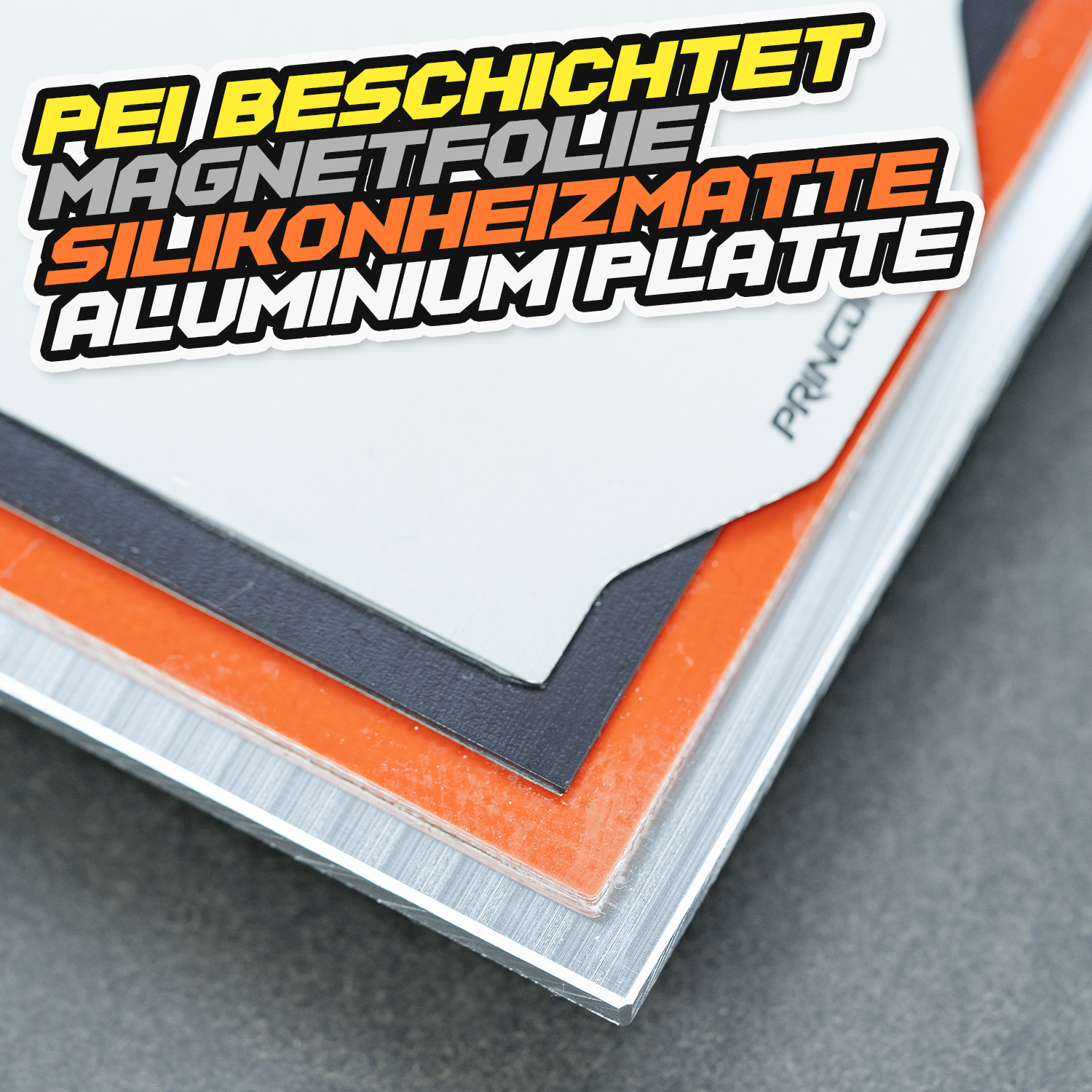 Druckbett SET [Aluminium Druckbett + Silikonheizmatte + PRINPLATE PEI Folie + Magnetfolie] !Variante wählen!